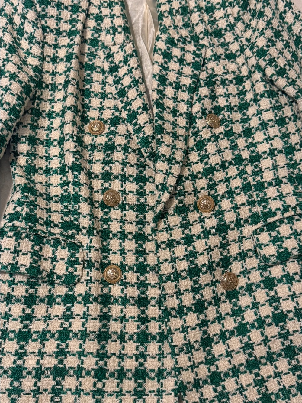 Zara Green and Cream Double Breasted Weave Blazer/Jacket - Size XL